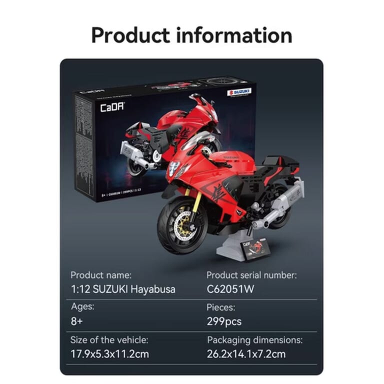CaDA SUZUKI Hayabusa C62051W｜全長17.9cmに宿る圧倒的フォルム、時速300km超のロマンをその手に。実車の魅力を凝縮した「隼」の1/12スケールブロックが登場