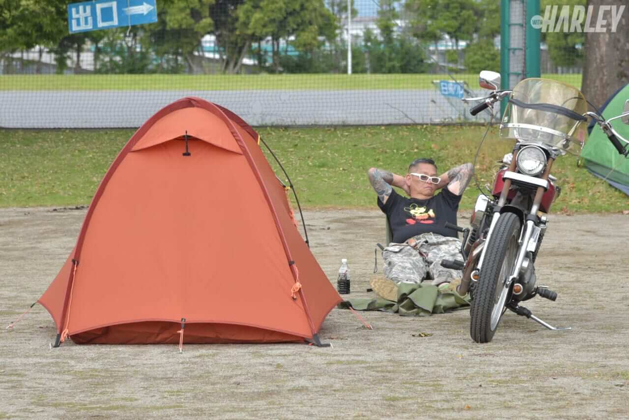 遠藤自動車｜コヨーテキャンプミーティング20th｜キャンプ会場は近所の公園!?。街中開催は、ハーレー乗り以外にも高評価だった＜COYOTE CAMP MEETING 20th＞