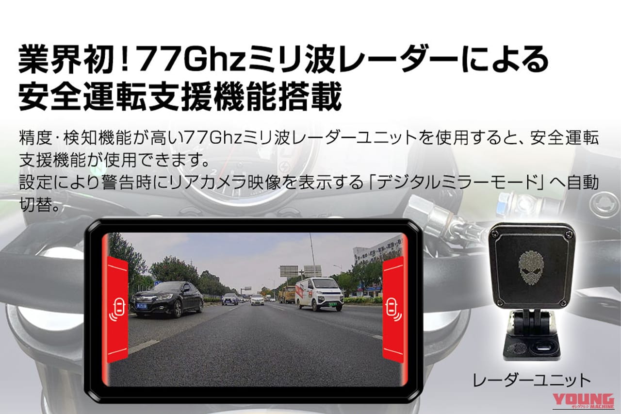 MAXWINのスマートモニターM2-PROの安全運転支援機能説明画像|「欲張り仕様」「バイクライフ劇変」バイク用スマートモニターが1万円OFF!CarPlayにも対応! 前後ドラレコ、空気圧監視、77GHzミリ波レーダーまで搭載した「M2-PRO」