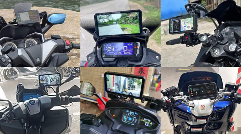 多種多様なバイクに、MAXWINのスマートモニターM2-PROを装着した例を集めた写真｜「欲張り仕様」「バイクライフ劇変」バイク用スマートモニターが１万円OFF！CarPlayにも対応！ 前後ドラレコ、空気圧監視、77GHzミリ波レーダーまで搭載した「M2-PRO」