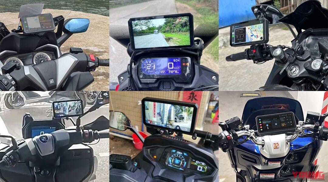 多種多様なバイクに、MAXWINのスマートモニターM2-PROを装着した例を集めた写真｜「欲張り仕様」「バイクライフ劇変」バイク用スマートモニターが１万円OFF！CarPlayにも対応！ 前後ドラレコ、空気圧監視、77GHzミリ波レーダーまで搭載した「M2-PRO」