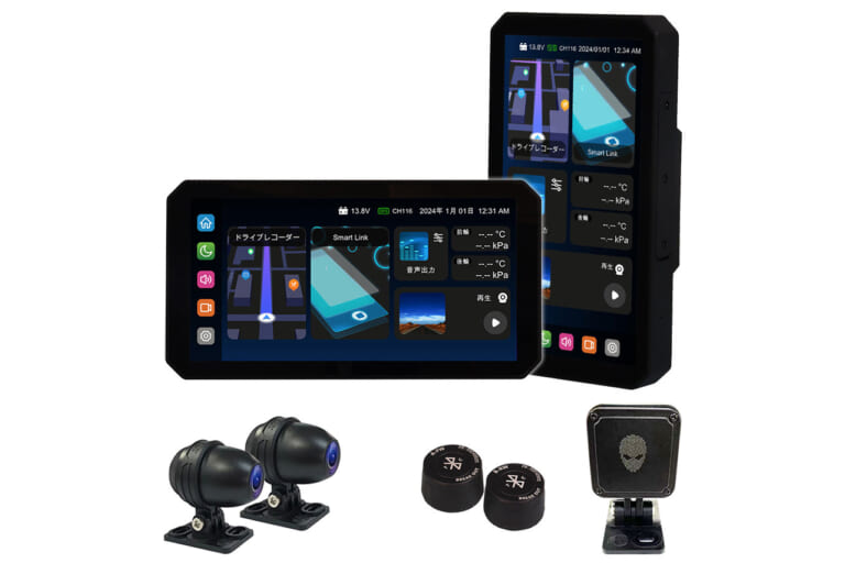 MAXWINのバイク用スマートモトミラー「M2-PRO」の商品一式の写真|「欲張り仕様」「バイクライフ劇変」バイク用スマートモニターが1万円OFF!CarPlayにも対応! 前後ドラレコ、空気圧監視、77GHzミリ波レーダーまで搭載した「M2-PRO」