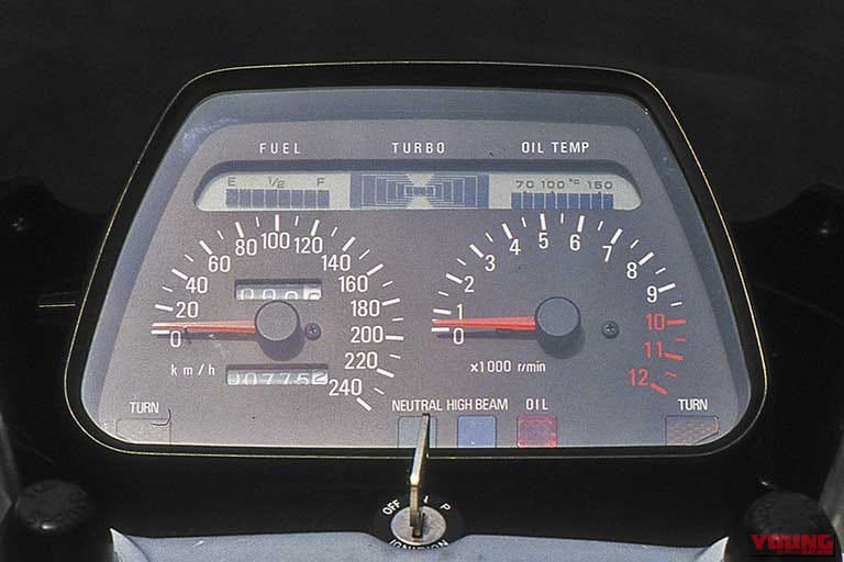 11982年に発売された、スズキのターボ搭載バイクXN85のメーター類の写真｜「近未来テイストがたまらない…」80年代デザインが逆に新鮮！ 44年前のスズキの名車。当時認可が下りず日本では販売されなかった悲運のレアマシン。［XN85］