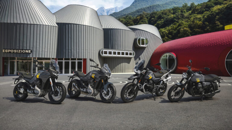 Moto Guzzi 105th Anniversary models｜艶ありパールグレーに黄色のステッチ！縦置きVツインのモト・グッツィから、建築家グレッグ・リンの意匠を宿した「V7」「V100」など精鋭4モデル105周年限定記念車が登場【海外】