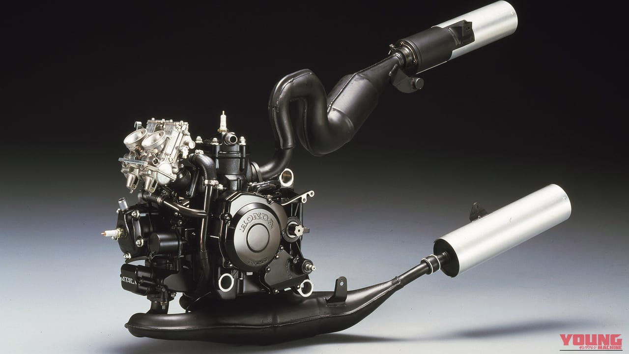 ホンダのNS250Rに搭載された、新設計の249cc水冷2ストローク90度Vツインエンジン｜「街なかで乗るのはひたすら苦行…」しかし峠では性格が豹変！ 42年前のホンダの名車。滑からな形状のカウルが印象的だった［NS250R］