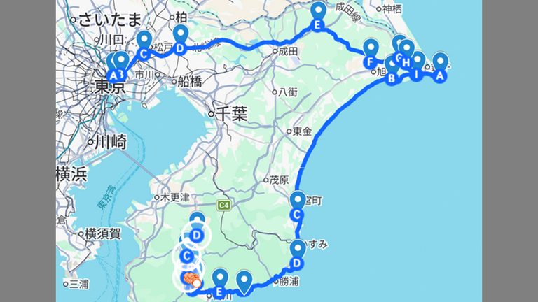 今回のルートマップ。|【実走検証】CT125ハンターカブはガソリン満タンで何キロ走れる?ハイスピード房総ツーリングで限界まで走らせてみた結果!