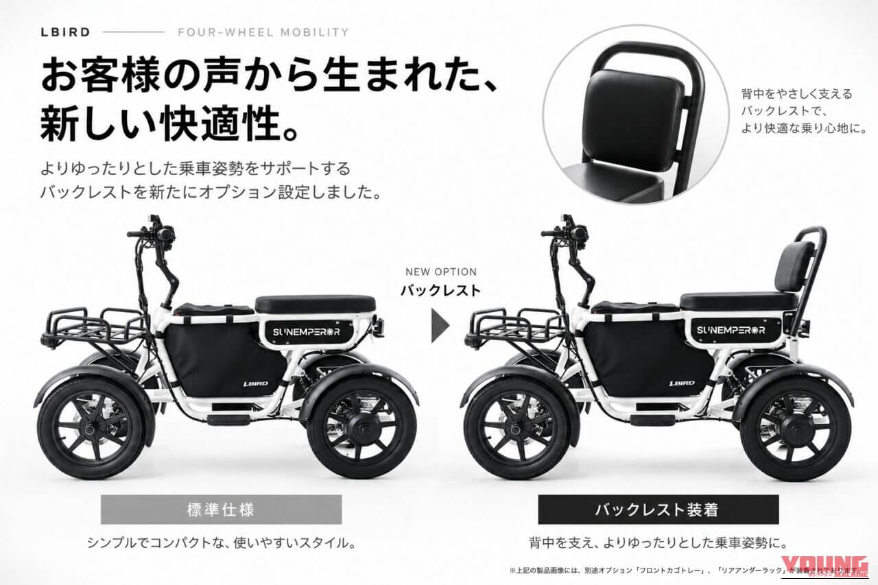SUNEMPEROR ELBIRD｜四輪の安定性と50kmの航続距離を誇る特定原付「エルバード」がさらに快適に! 長時間乗車がラクになる専用バックレストが発売