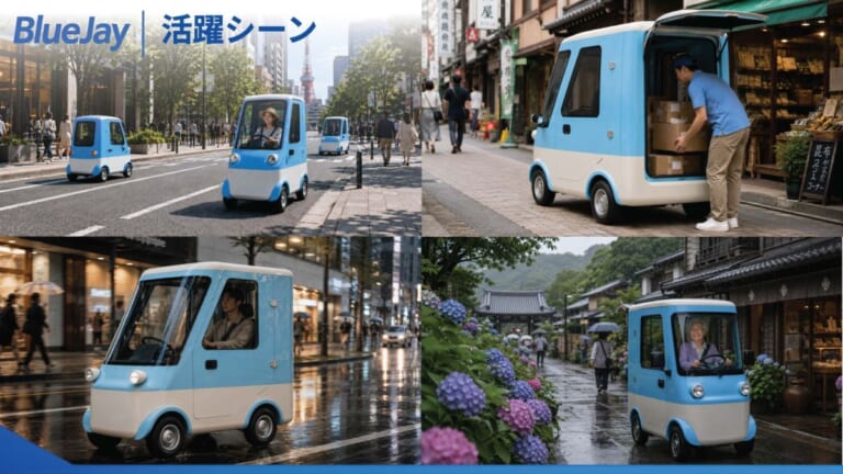 NISHIKAWA SEIKI BLUE JAY|クラシックバスっぽいかわいさ。免許不要、家庭用コンセントで充電できる全天候4輪特定原付「Blue Jay」がクラウドファンディング挑戦中