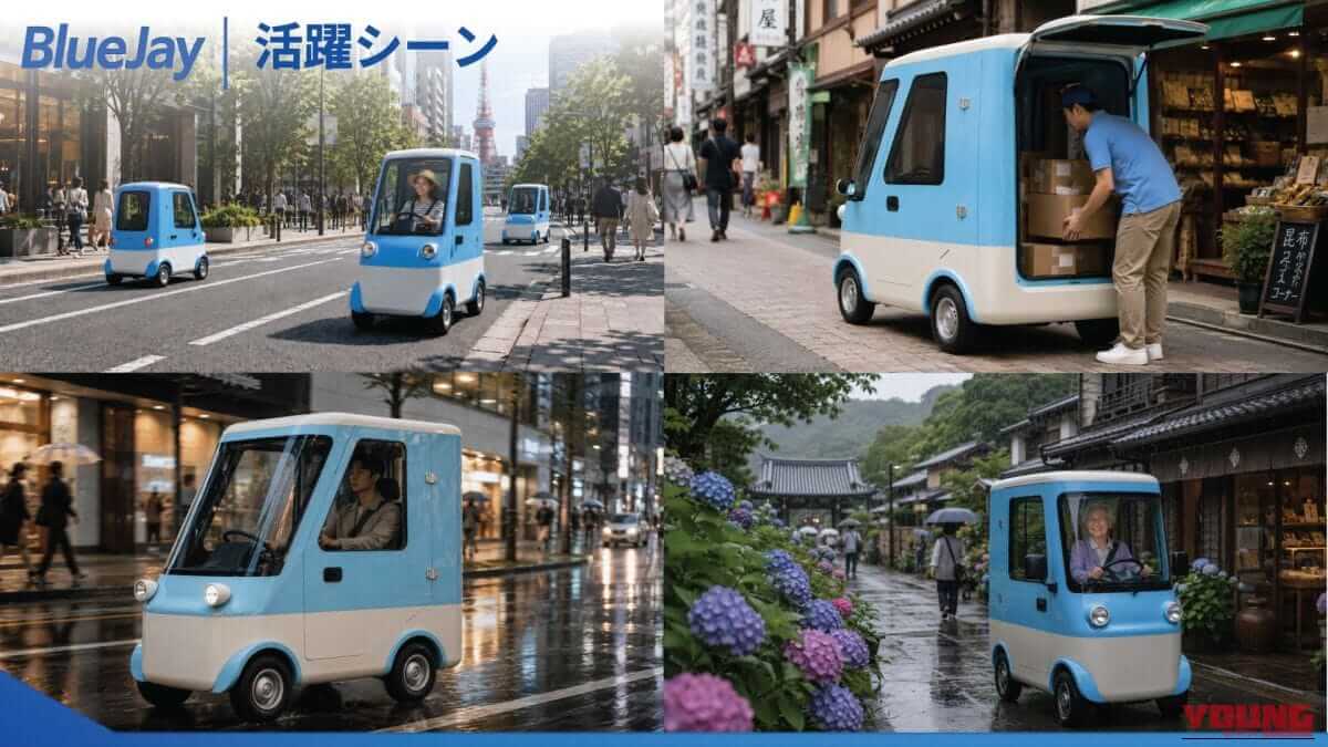 NISHIKAWA SEIKI BLUE JAY｜クラシックバスっぽいかわいさ。免許不要、家庭用コンセントで充電できる全天候4輪特定原付「Blue Jay」がクラウドファンディング挑戦中