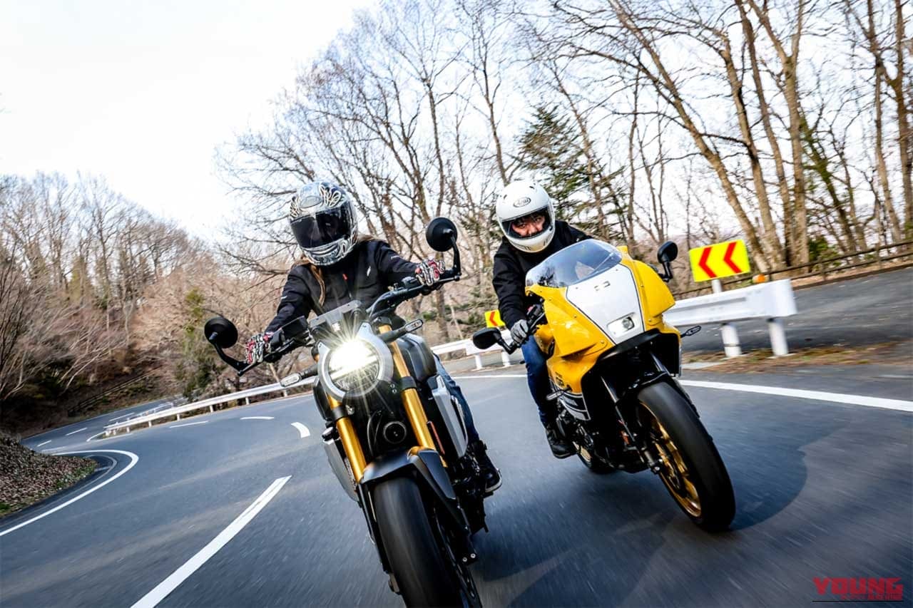 公道で並走するスズキXSR900 GPとヤマハGSX-8T｜「乗りやすいというワケではない…」岡崎静夏がヤマハ XSR900 GPとスズキ GSX-8Tを乗り比べ！ どちらもカッコよさは完璧！」気になったのは乗り味の違い