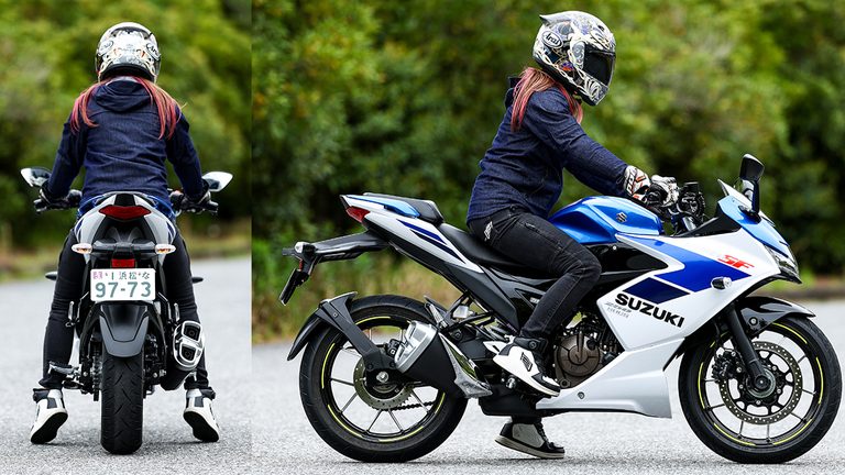 足着き性｜コスパ最強の250ccフルカウル！スズキ「ジクサーSF250」に全日本ライダー岡崎静夏が試乗「曲がりすぎない」ハンドリングと意外すぎるツアラー適性を徹底インプレ
